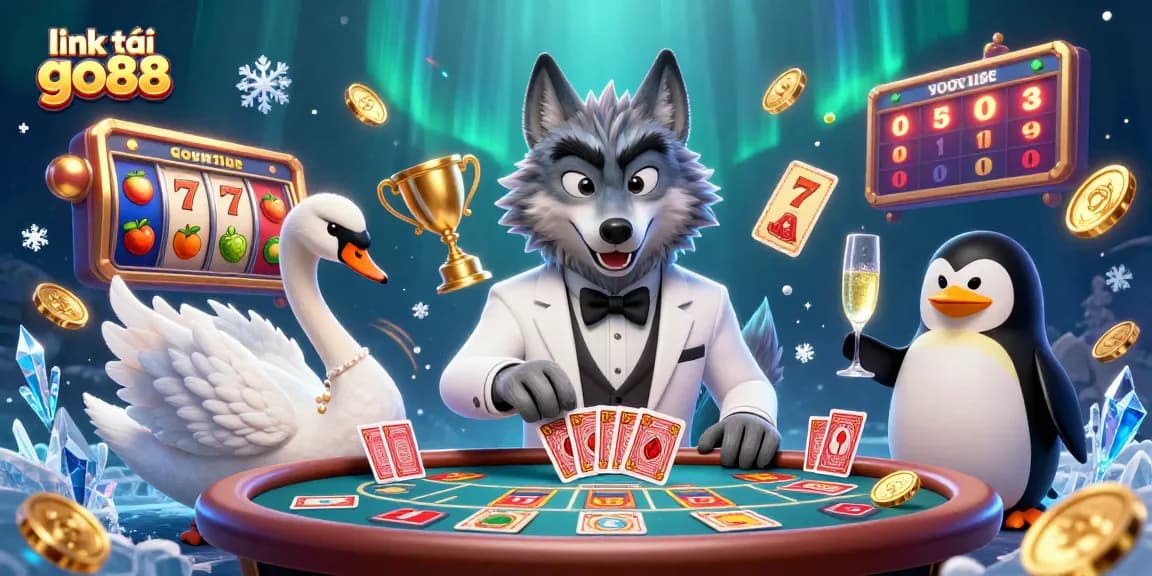 Spin the reels of link tải go88 with this vibrant, engaging 3D casino illustration featuring a wolf, swan, and penguin characters.