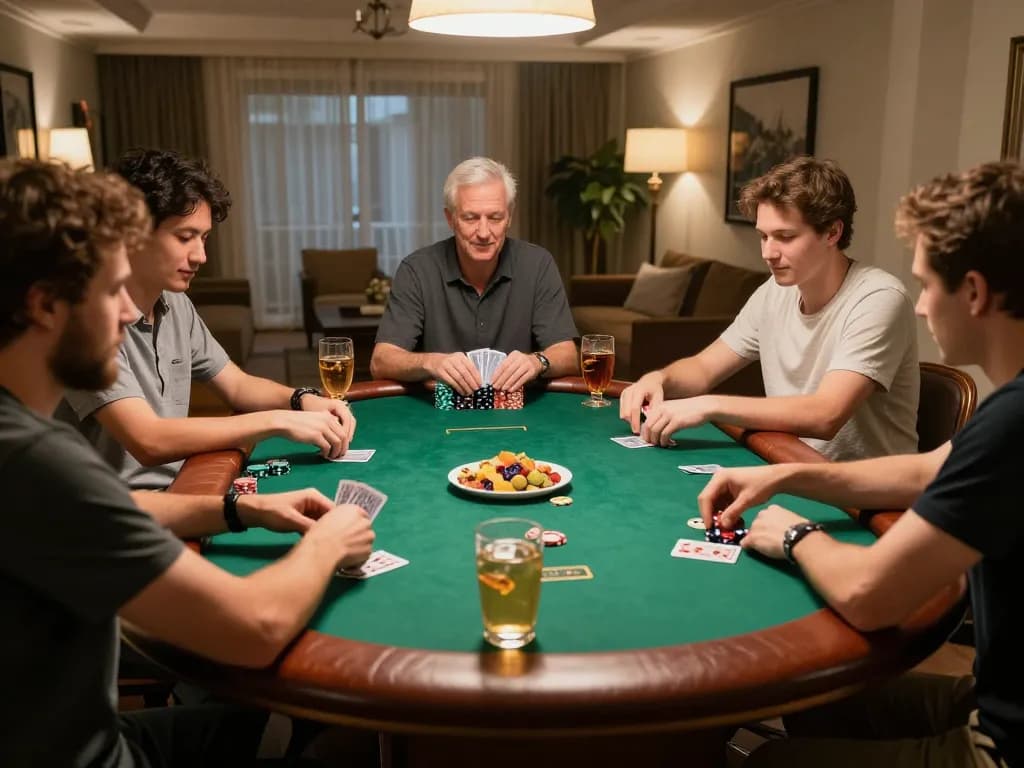 Exciting high-stakes poker game with g28tv branding, showcasing friends in a luxurious home setting