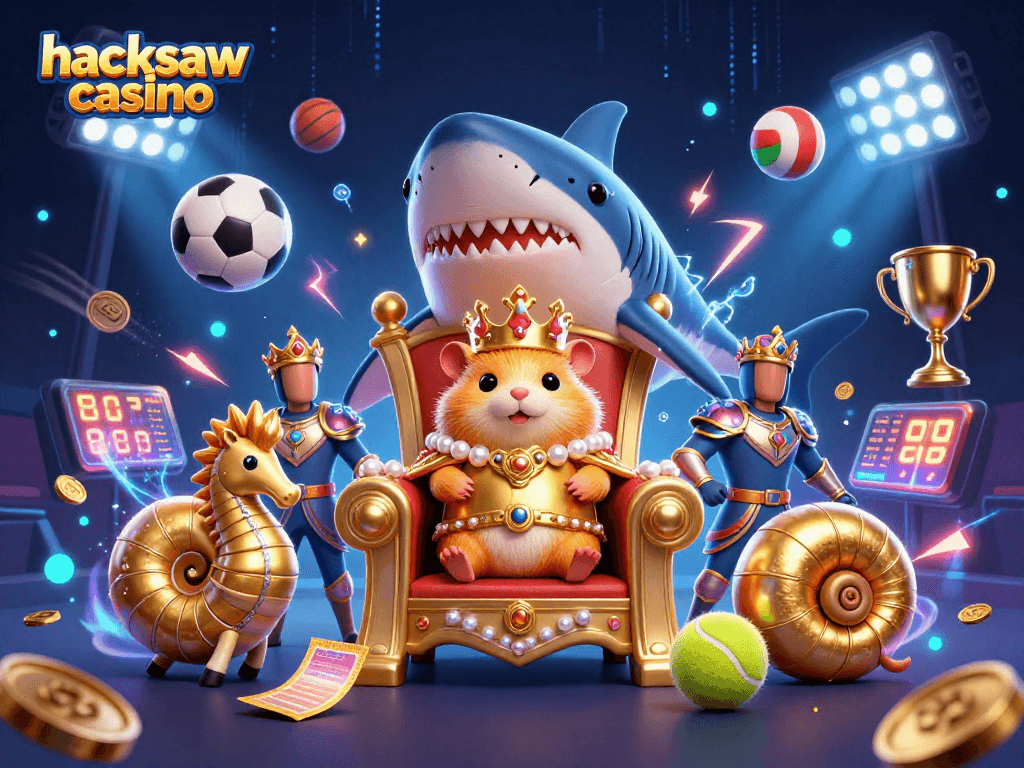 Win big with hacksaw casino showcasing vibrant pokies action in a dynamic cartoon scene.