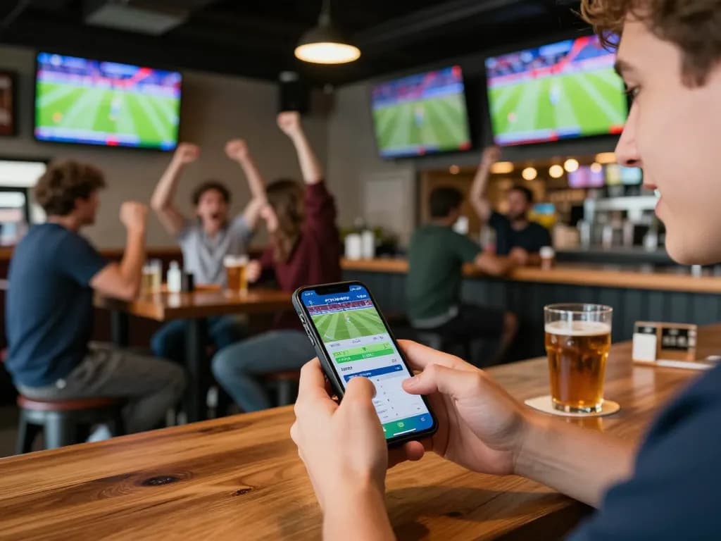 Pemburu olahraga yang antusias memeriksa Skor Langsung di smartphone di bar olahraga yang ramai