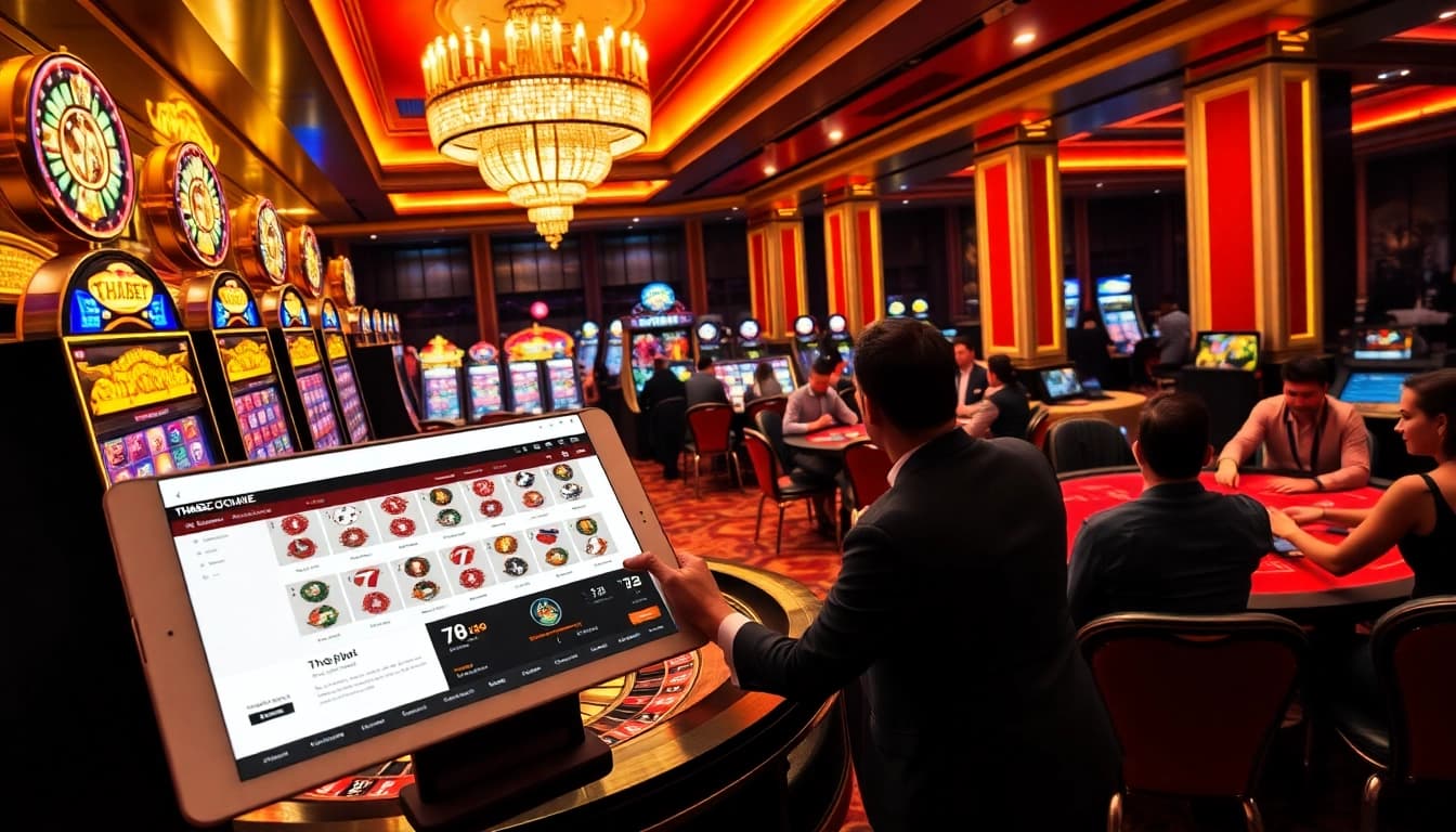 Players enjoying poker and slots at Thabet casino, capturing the thrill of gambling.