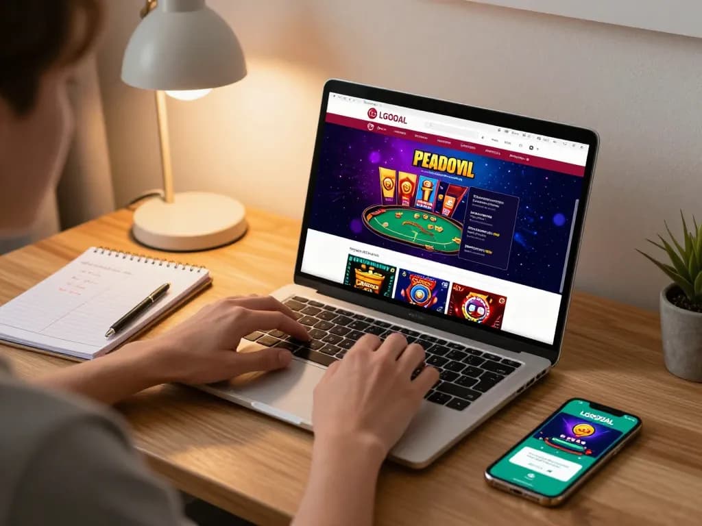 Player engaging with LGOGOAL online gaming platform on laptop, promoting strategic betting.