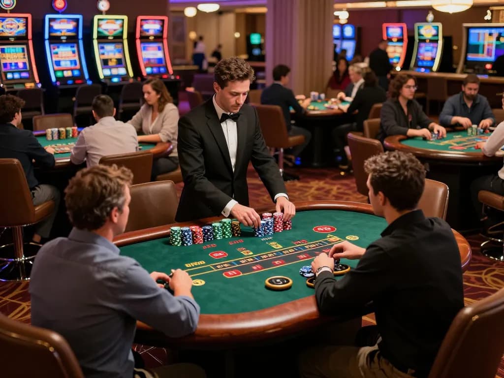 Players engaging in strategic blackjack gameplay at a luxurious casino floor showcasing sc88 betting atmosphere.