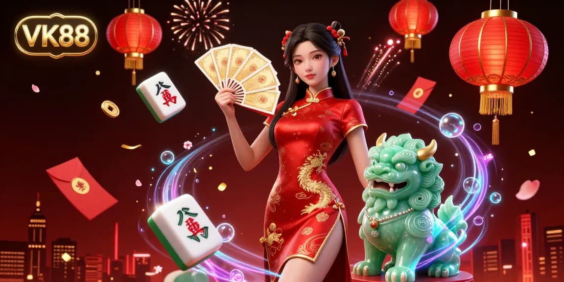 Engage with VK88's vibrant casino experience, featuring a woman in a qipao and jade lion amidst celebratory elements.