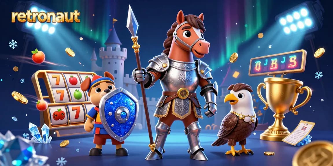 Experience the thrill of gambling with retronaut characters in an action-packed, vibrant casino scene featuring slot elements.
