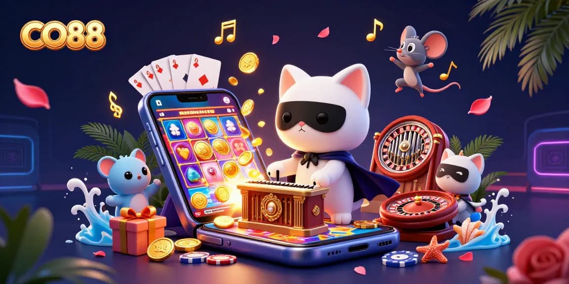 Experience thrilling gaming action at CO88 with a lively illustration of characters and casino elements.