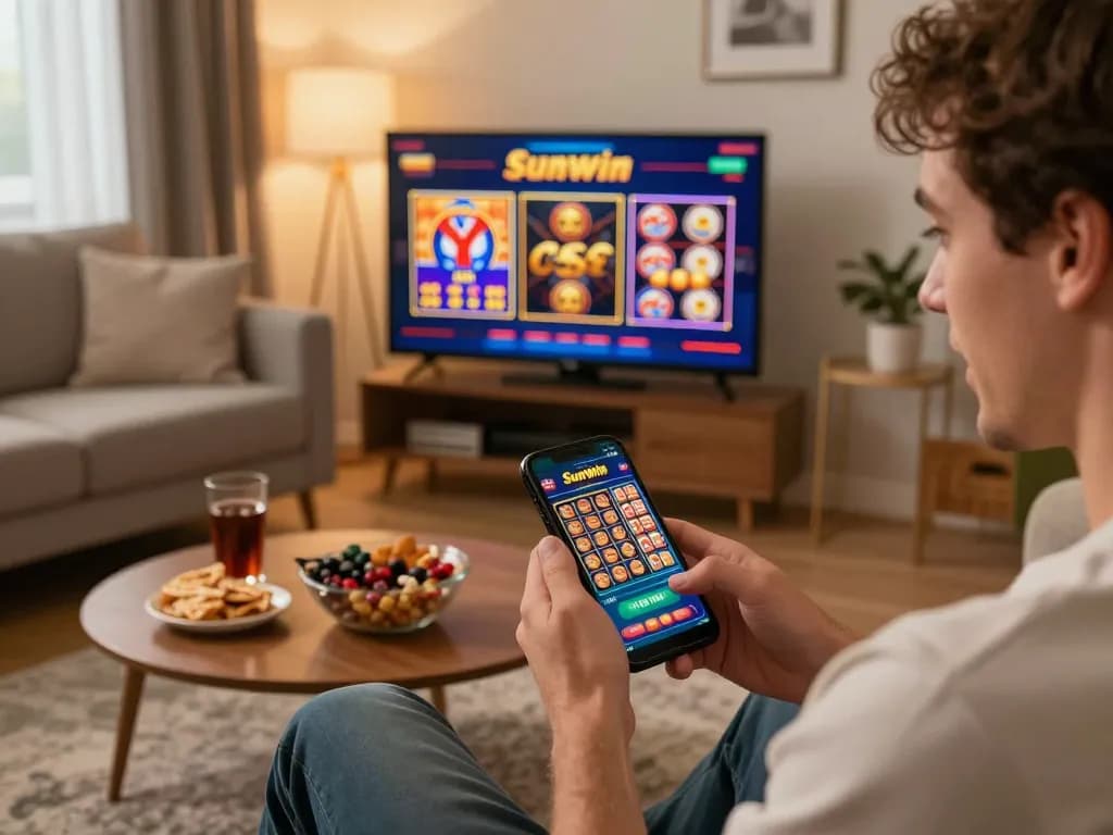 Sunwin player enjoying online casino games on smartphone in a cozy living room.