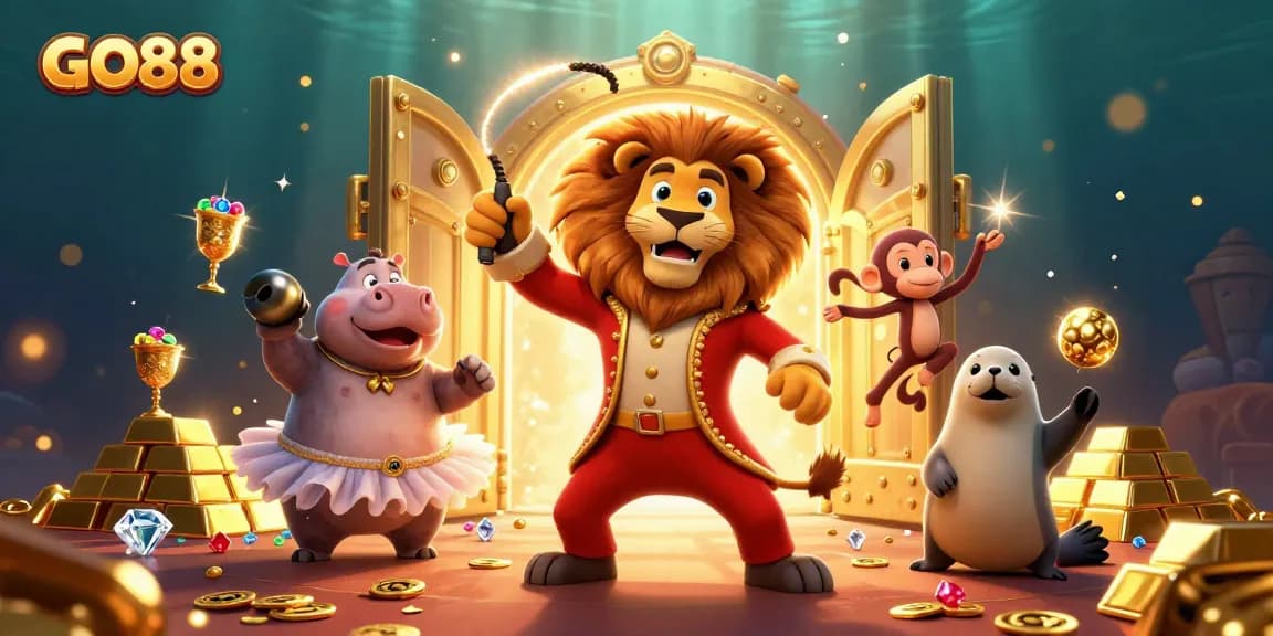 Engage with GO88's thrilling gaming experience featuring vibrant characters and golden treasures.