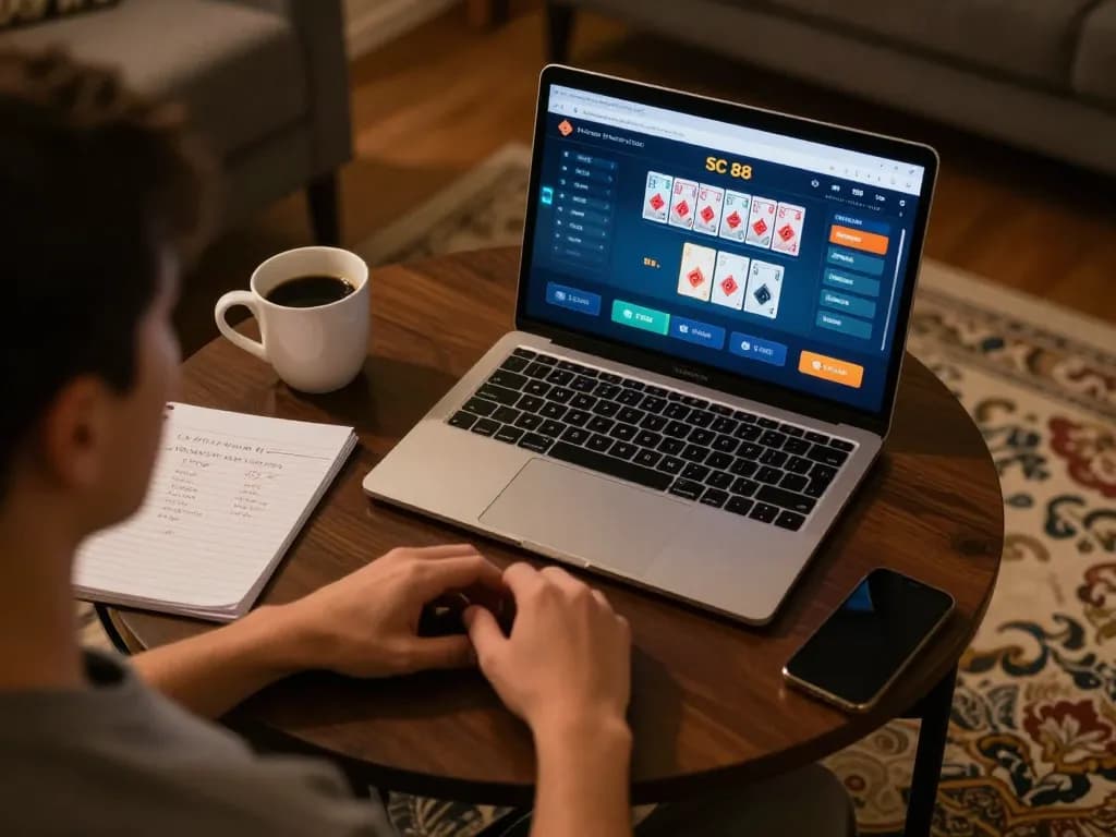 Player engaging with SC 88 poker app on laptop in a warm home setting, showcasing online gambling experience.