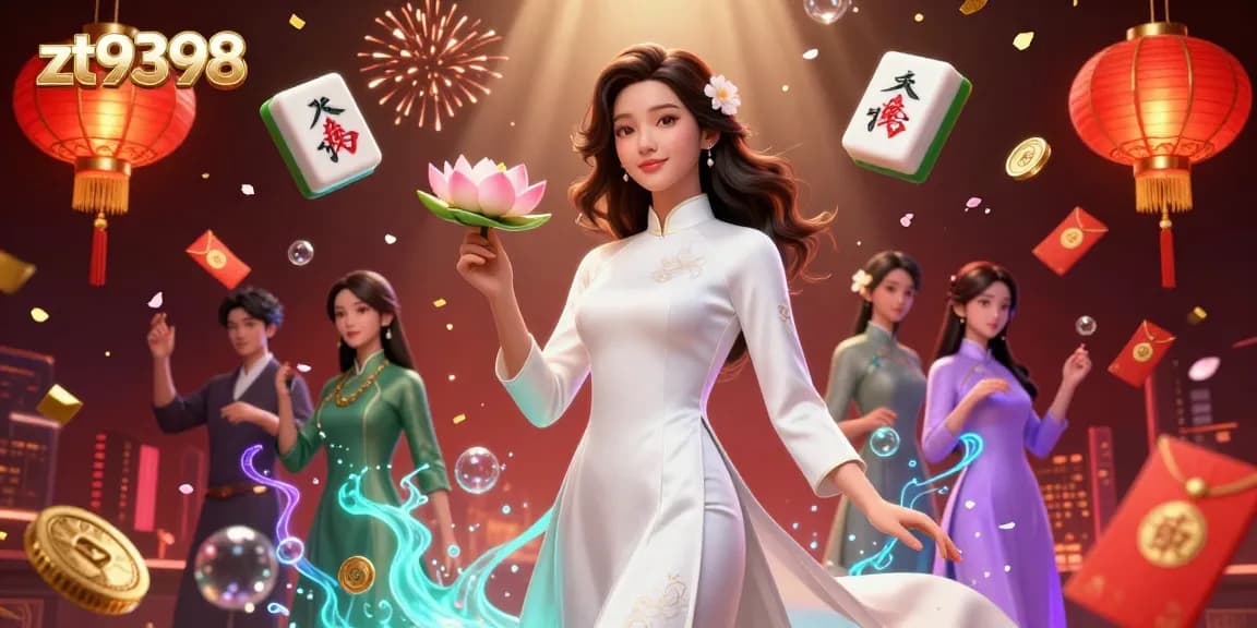 Experience the vibrant allure of zt9398 with a graceful Asian woman in a traditional ao dai amidst celebratory casino elements.