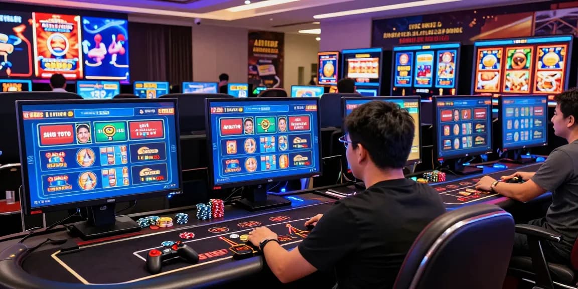 Player engaging with situs toto options in a modern online casino setup with vibrant displays and gaming elements.