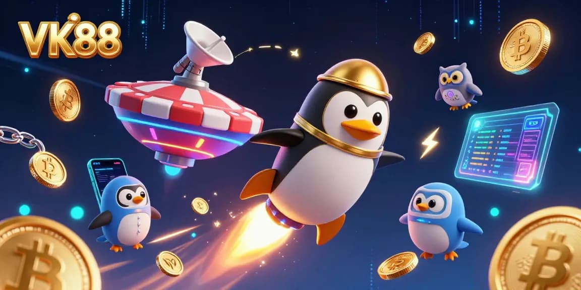 Experience thrilling gameplay with VK88's vibrant 3D illustration of a penguin and casino elements.