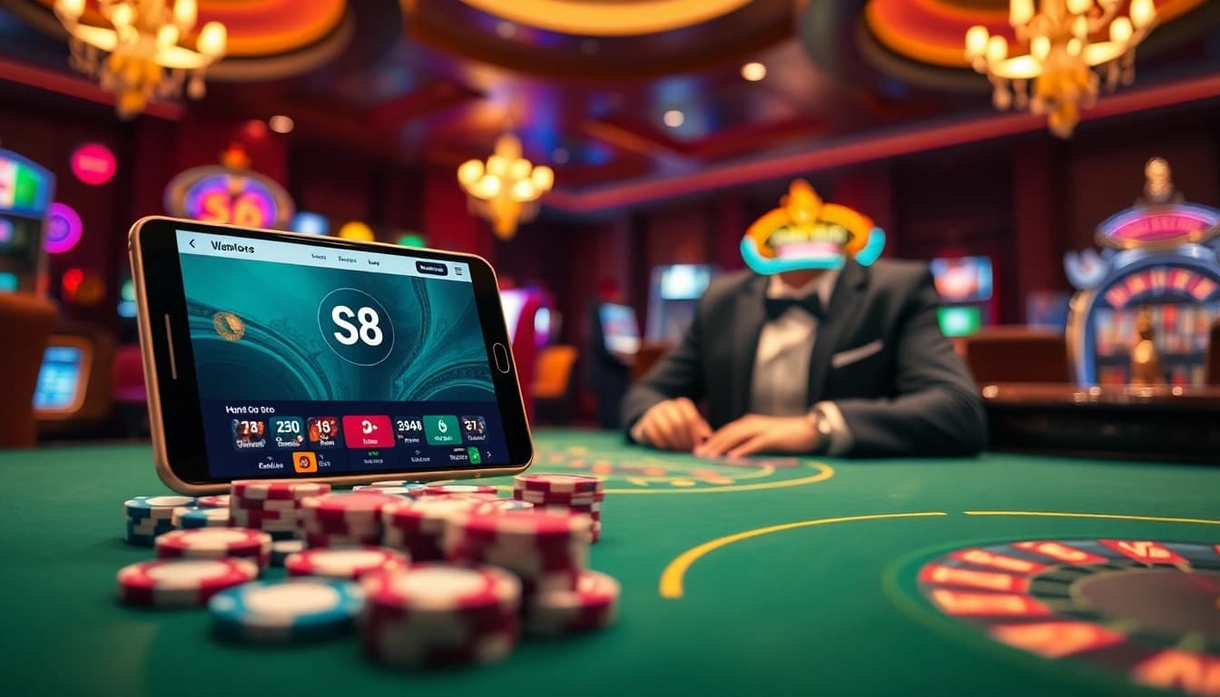 S8 players enjoying high-stakes gaming with vibrant casino elements on a smartphone interface.