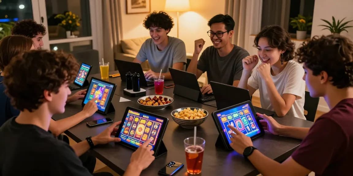 Friends enjoying cocomaya lists them while playing Bonus Buy Slots on tablets in a lively gaming environment.