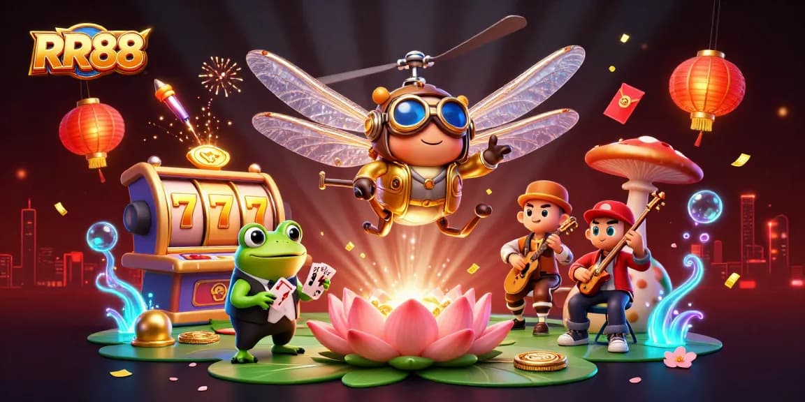 Experience the excitement of RR88 with a vibrant casino scene featuring a dragonfly pilot, frog dealer, and lively jazz musicians.