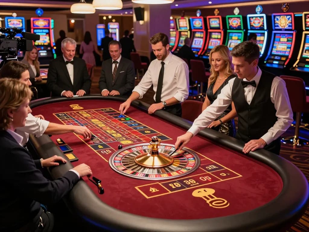 Engaged players placing bets at a roulette table in a luxurious casino, SC88 highlighted.