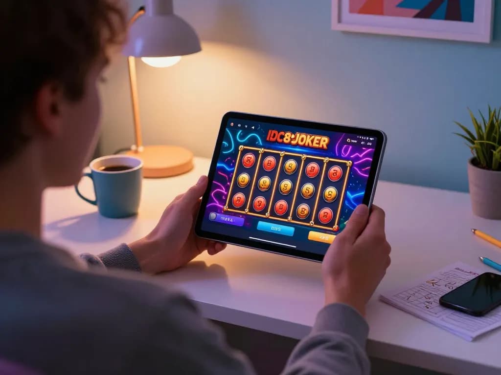 Engaged player exploring IDC88JOKER casino app on tablet, enjoying online slot gaming experience