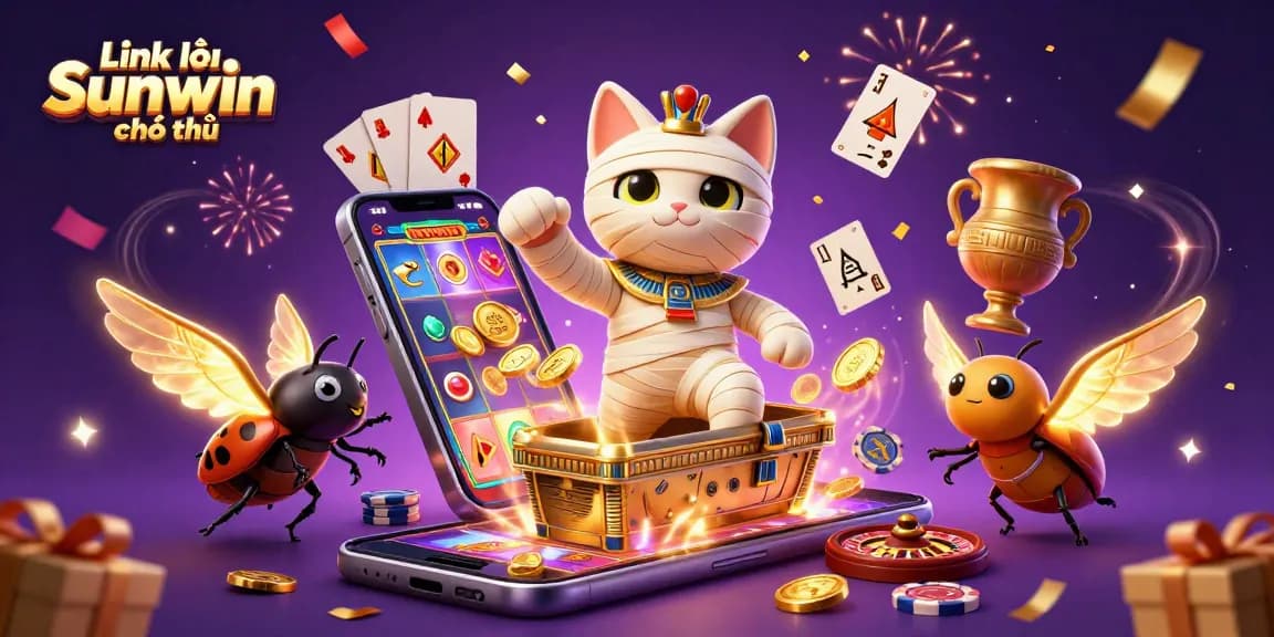 Experience the excitement of gambling with Link vào Sunwin chính thức featuring a vibrant scene of a mummy cat and a scarab beetle casino.