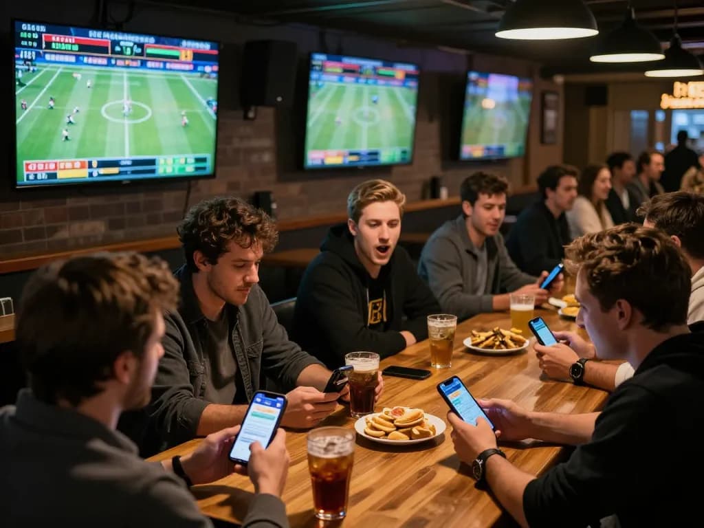 Engaged bettors analyzing odds on Tr88 com during a live sports event.
