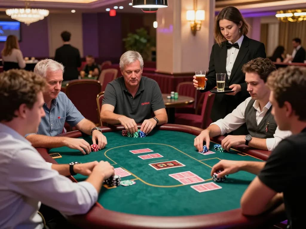Nhà Cái 32win players enjoying a lively poker game in a vibrant, luxurious casino environment.