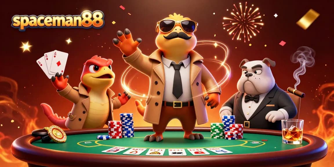 Experience the thrill of spaceman88 as cartoon raptors pretend to access a VIP casino with poker elements.