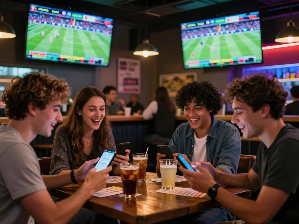 Friends enjoy sports betting South Africa in a lively bar, using mobile devices and watching live games.