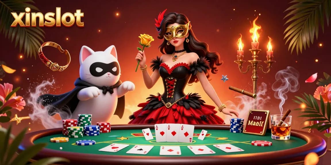Xinslot showcases a lively 3D casino scene with dynamic poker elements and captivating characters.