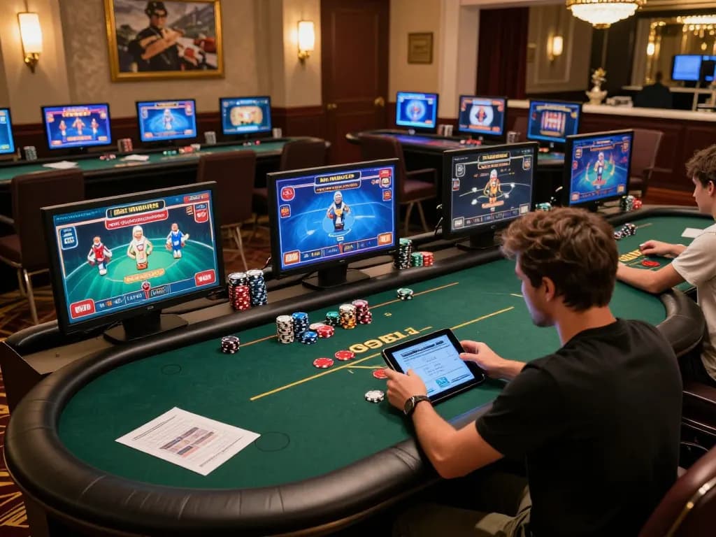Fly88 players engaging with tablet in an elegant casino gaming setup, emphasizing strategic online gambling.