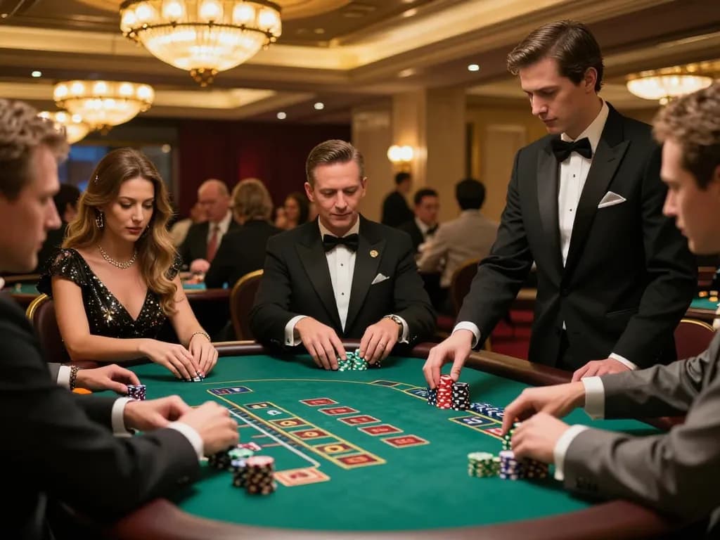 Engaging players strategizing bets at LV88 baccarat table in a luxurious casino setting.