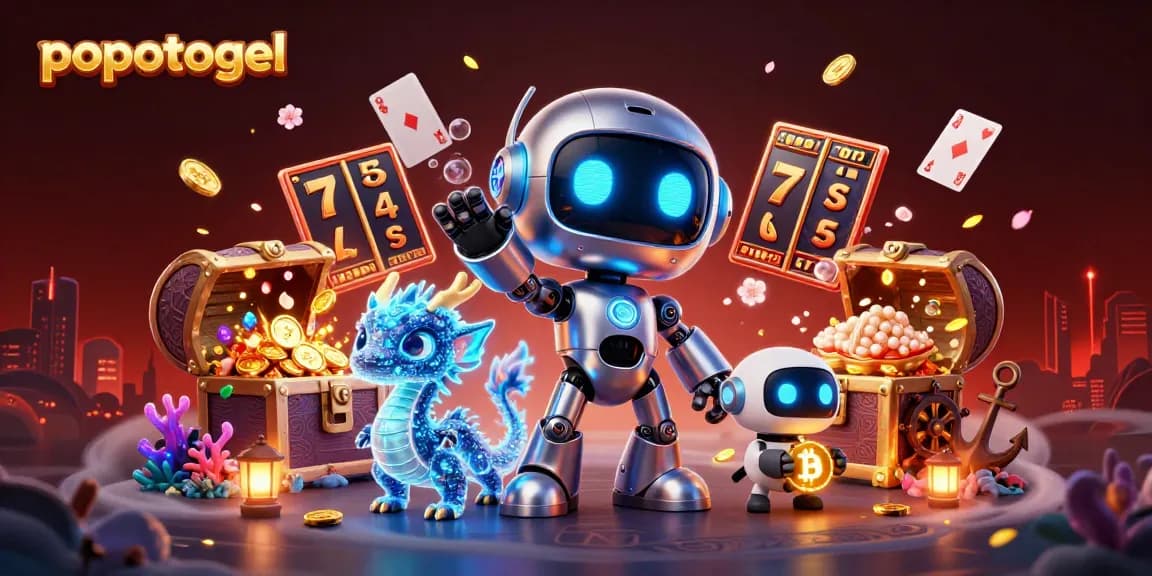 Spin and win with popotogel's vibrant 3D casino-themed illustration featuring robots and slot elements.