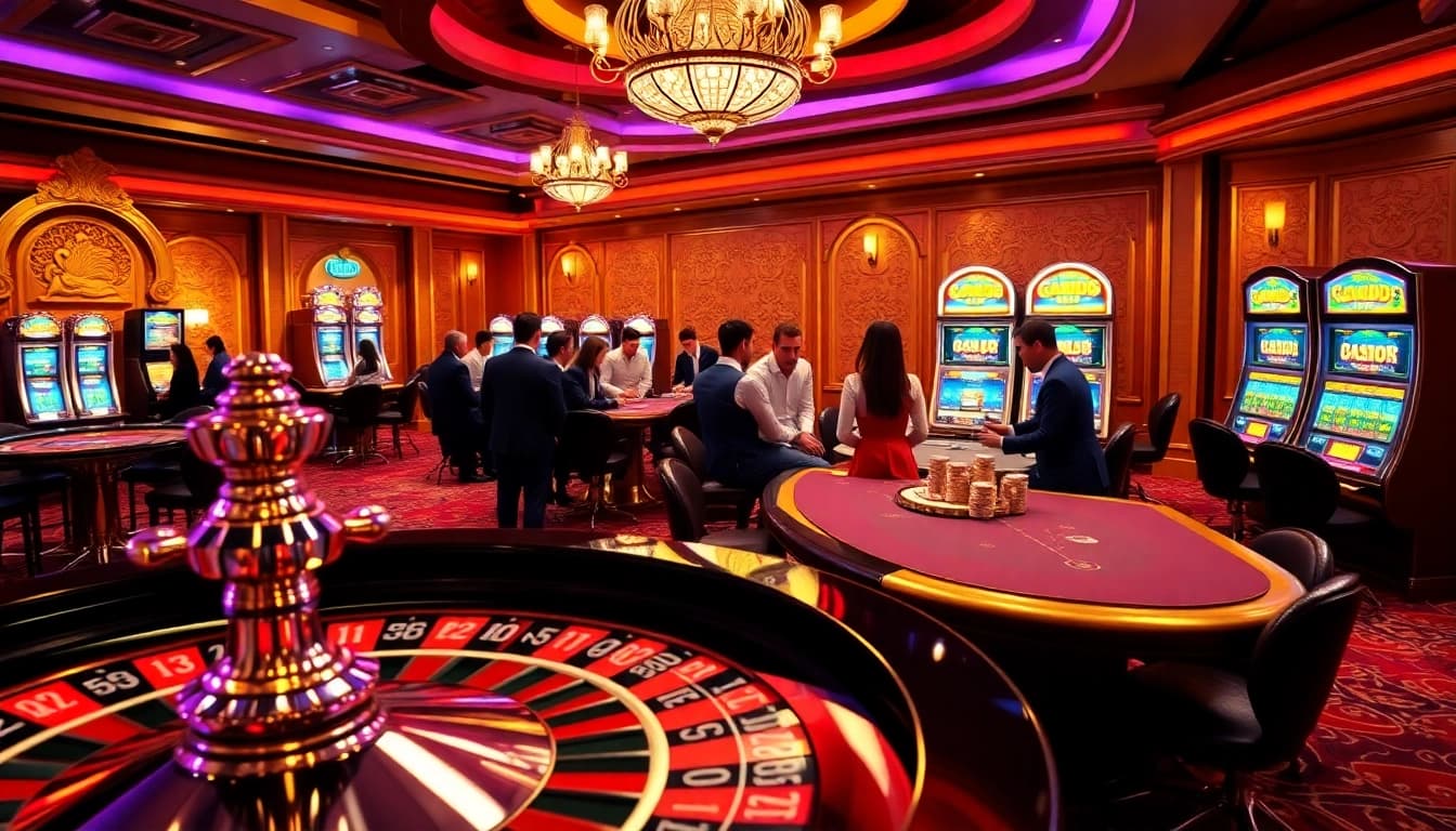 Exciting players engaging at a garuda slot table in a vibrant casino atmosphere.