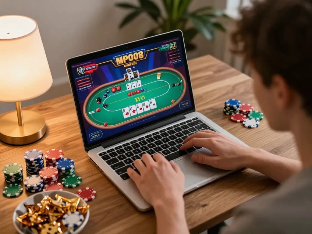 MPO08 user engaged in online poker gaming with vibrant graphics and a cozy atmosphere.
