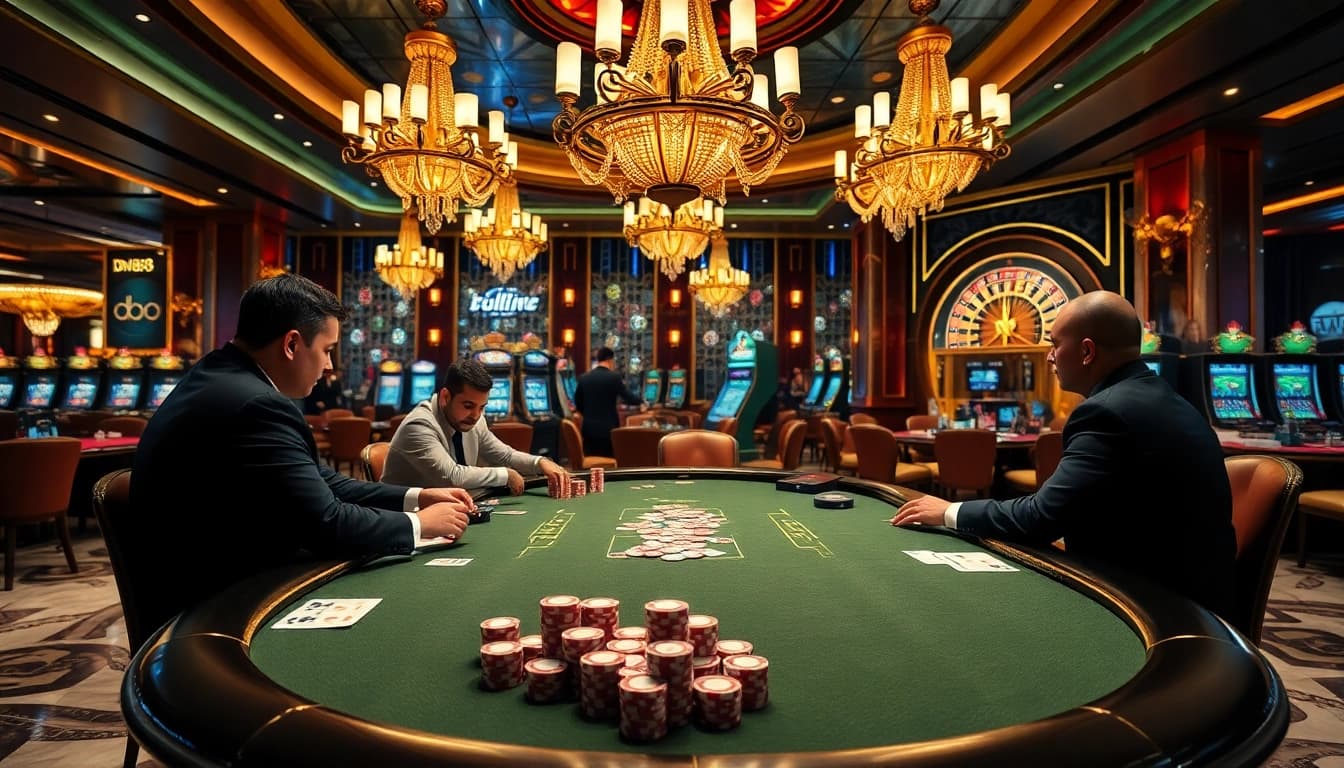 Exciting game scene at dn88 casino with players at a poker table and a spinning roulette wheel.