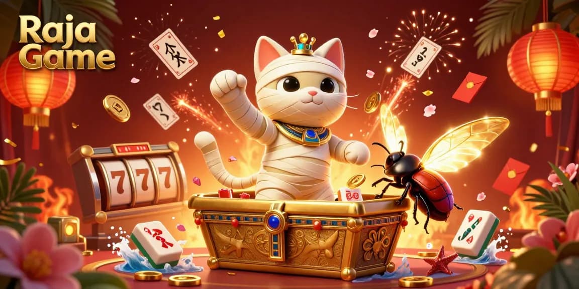 Engage in thrilling gameplay with Raja Game's Egyptian-themed casino illustration featuring vibrant and dynamic elements.