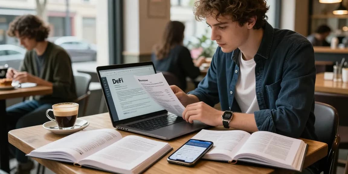 Cricbet user analyzing cryptocurrency blockchain papers with digital wallet at coffee shop