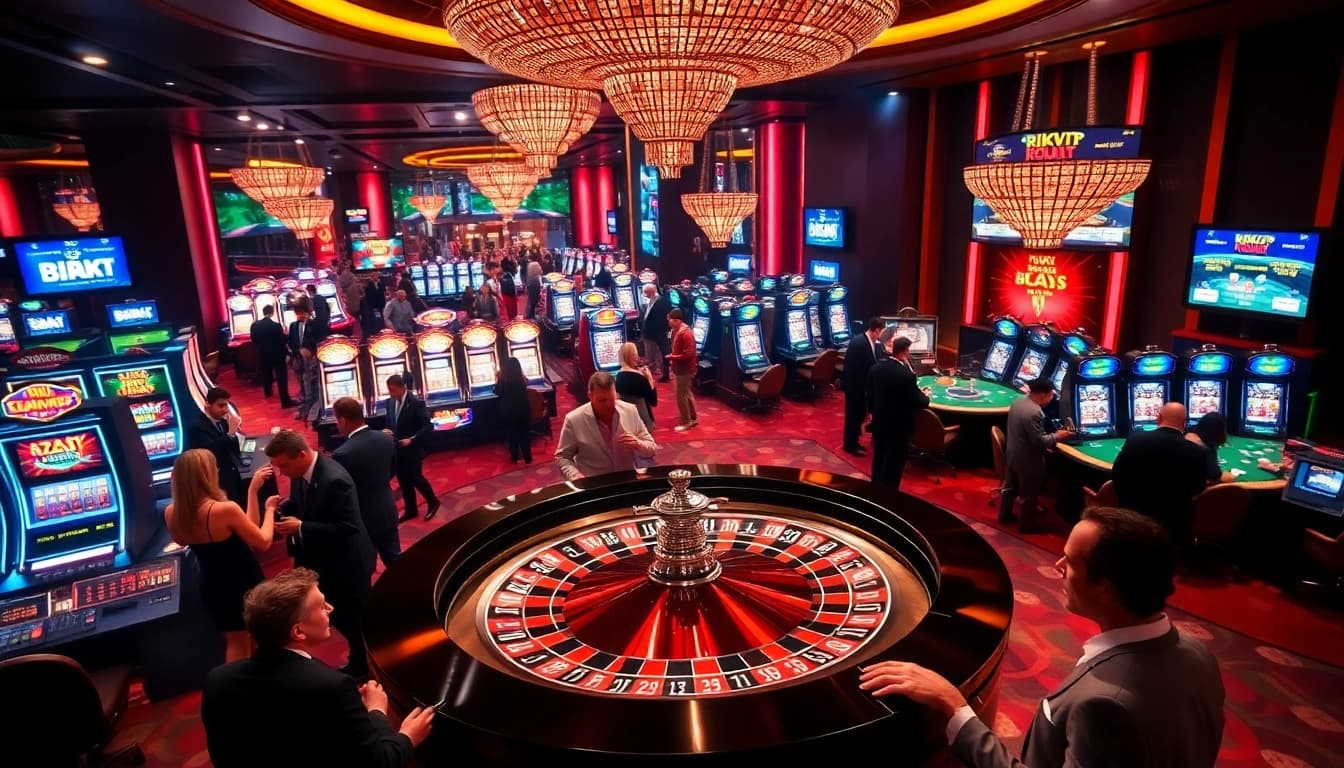 Rikvip players engaging at a luxurious casino with roulette and slot machines.