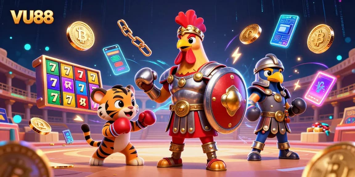 Bet on VU88 with captivating visuals of a gladiator rooster and tiger cub in a dynamic casino-themed arena.
