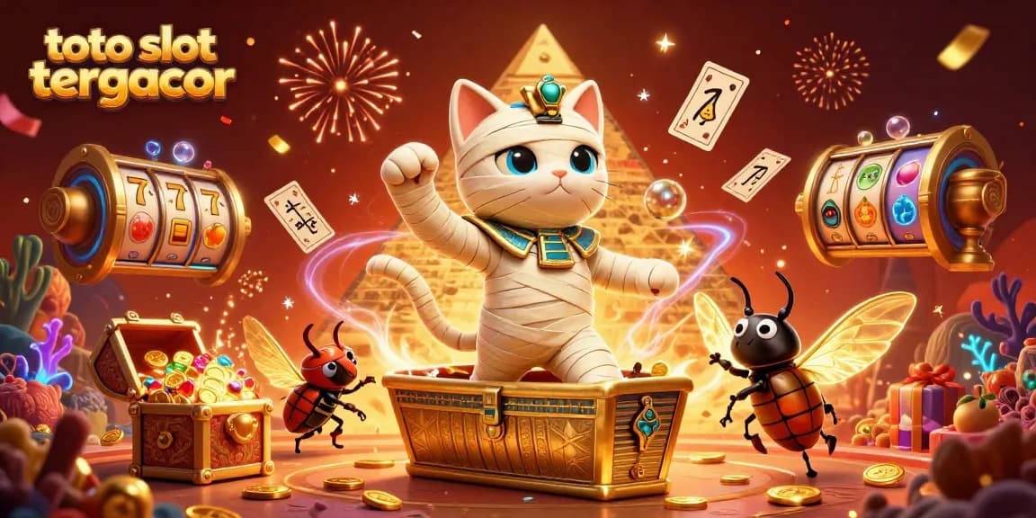 Spin the reels in the vibrant world of toto slot tergacor with a dynamic 3D casino scene featuring a mummy cat.