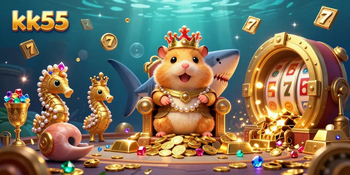 Engage with the thrilling casino world of kk55 featuring a golden hamster king amidst vibrant slot gaming elements.