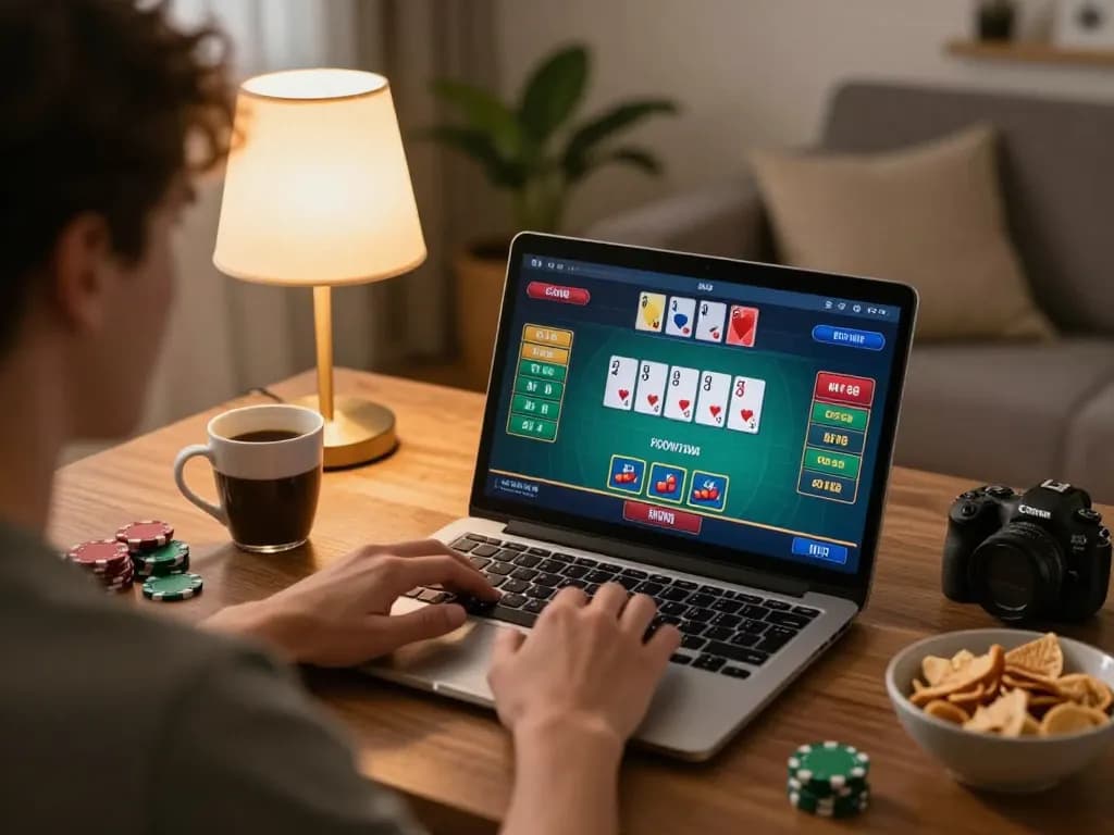 Player enjoying CM88 online poker on laptop, showcasing strategy and excitement in a cozy home setting.