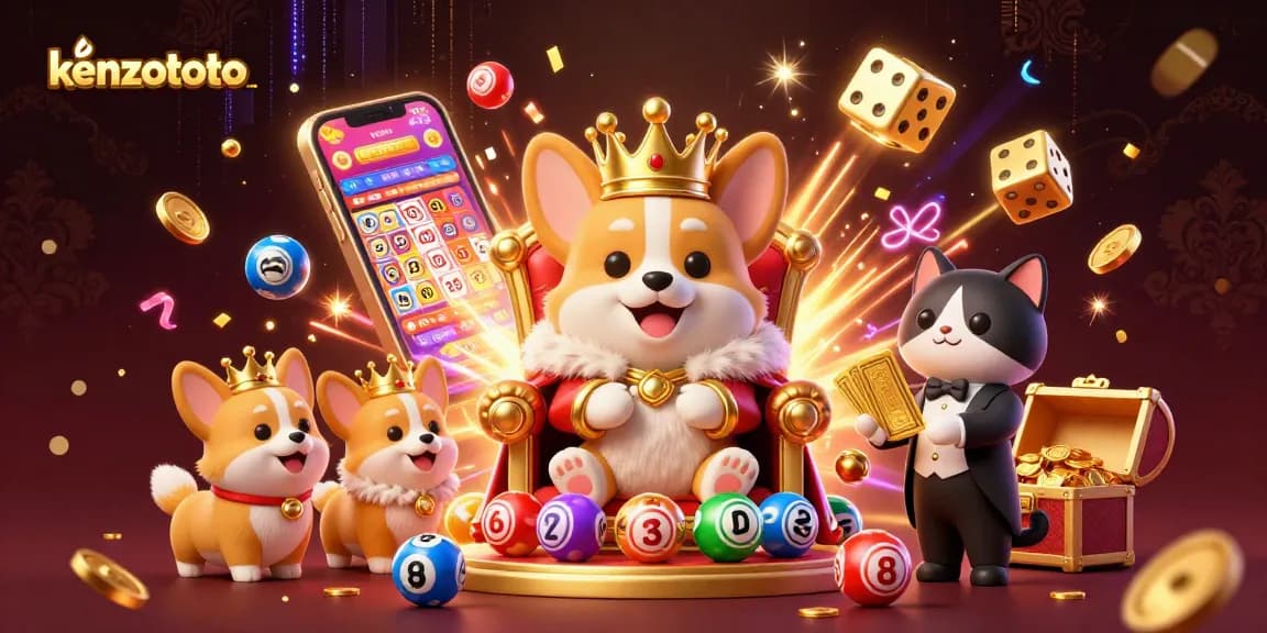 kenzototo lottery scene showcasing a corgi and cat butler amid jackpots and games