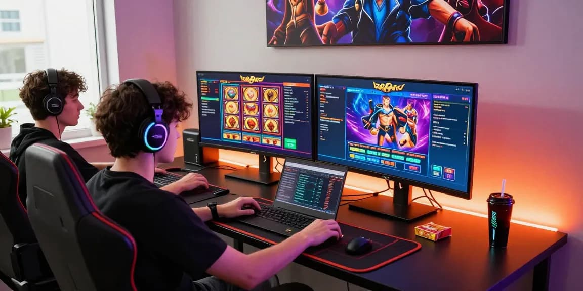 Exciting gaming setup showcasing a player at https://open88.games/ enjoying online gambling with vibrant displays and gaming gear.