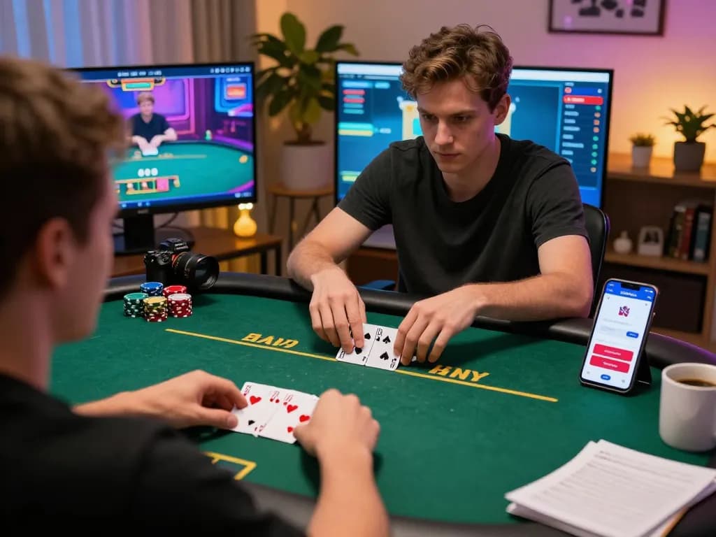 Player strategizing with LGOGOAL app while enjoying poker from home environment.