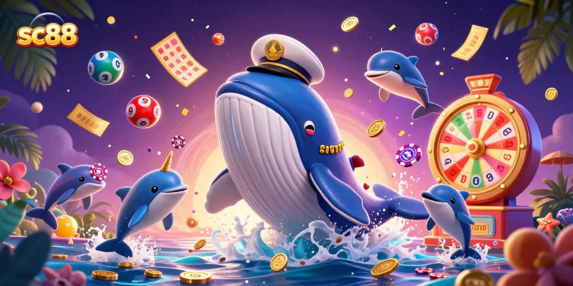 Experience thrilling gameplay on SC88 with a 3D casino illustration featuring whales, dolphins, and lottery elements.