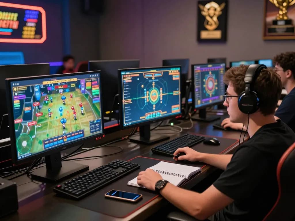 Engaged player analyzing link gacor strategies on multiple screens in a professional gaming setup.