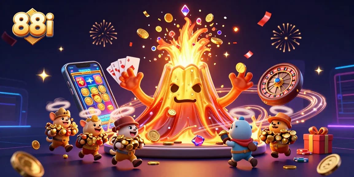 Experience the excitement of 88i as golden coins and treasures erupt in this vibrant casino scene.