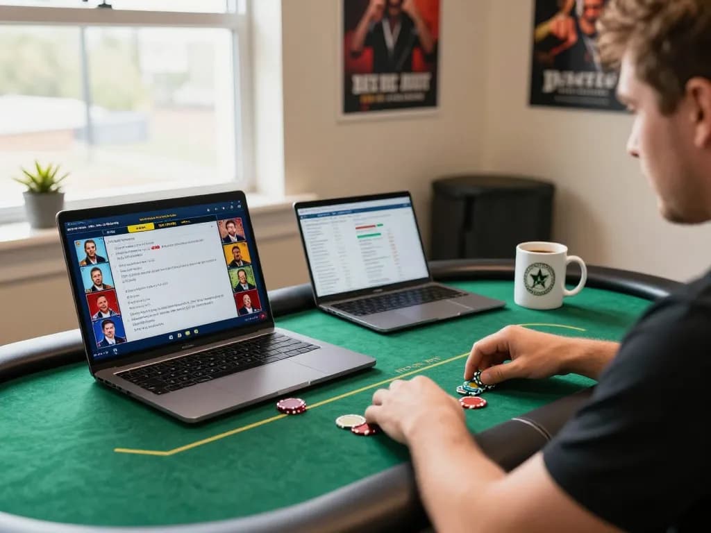 KADAL778 online gaming session showcases strategic poker on a sleek laptop.