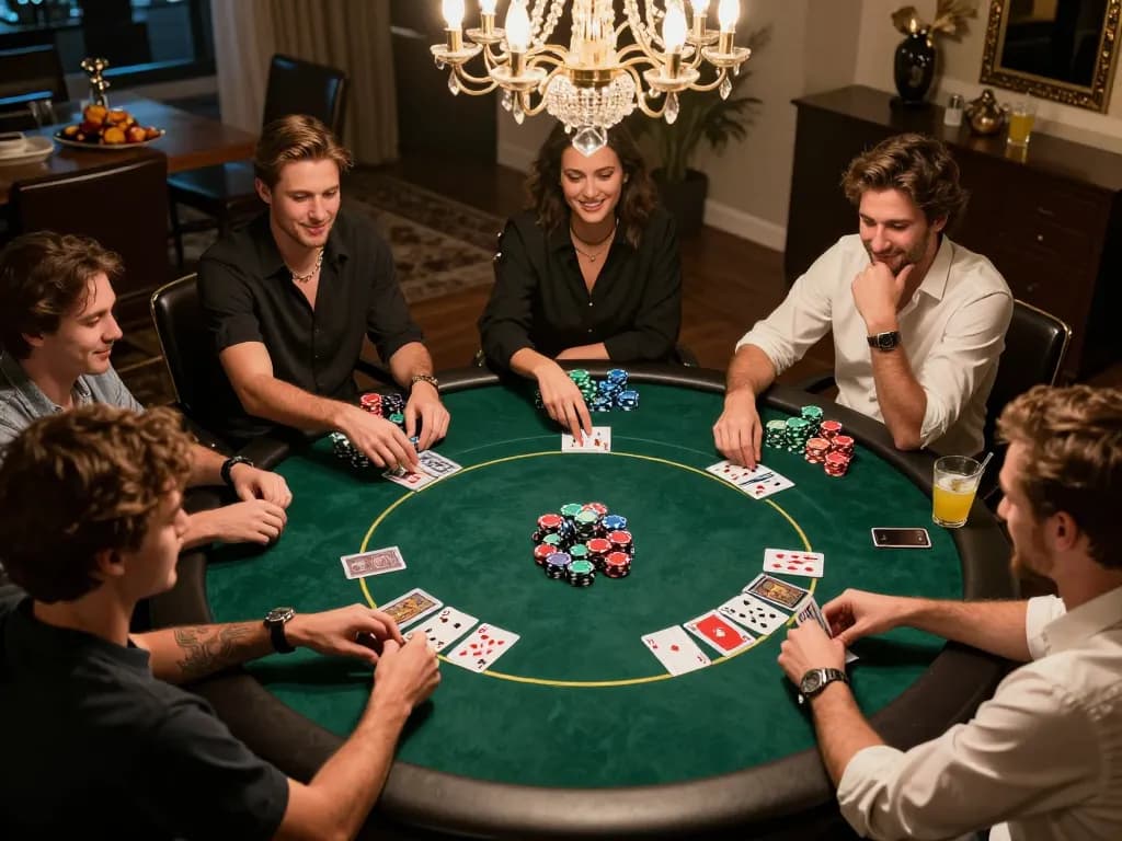 Sekelompok teman menikmati permainan poker yang menarik di rumah, menunjukkan suasana bersahabat dan permainan strategis dengan aman788.