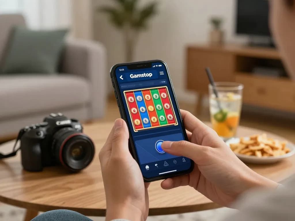 Player enjoying non Gamstop online casino with mobile device, showcasing action and excitement in gaming.