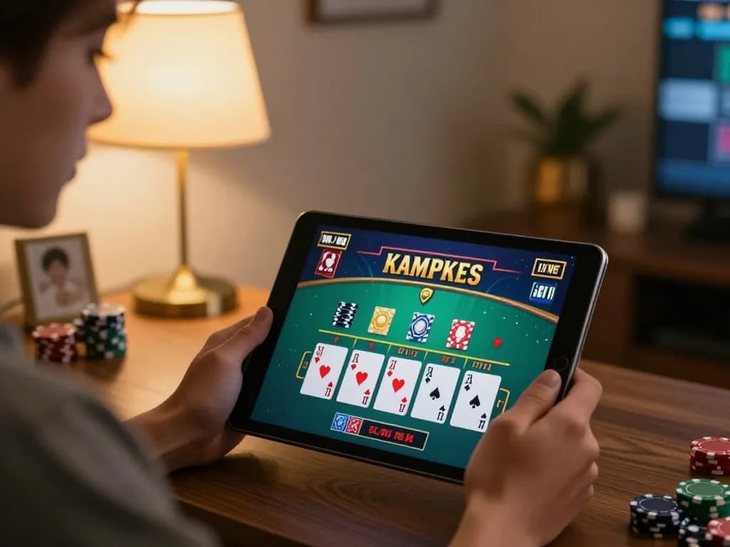 Engaging in live blackjack gameplay on kp88 tablet at home, capturing strategic decision moments.